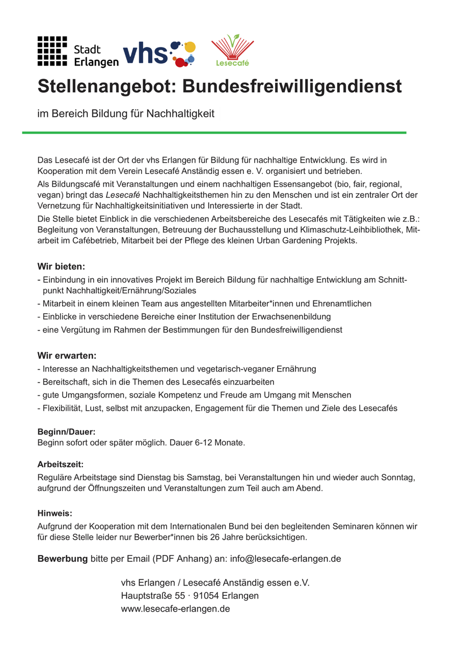 Stellenangebot Bundesfreiwilligendienst